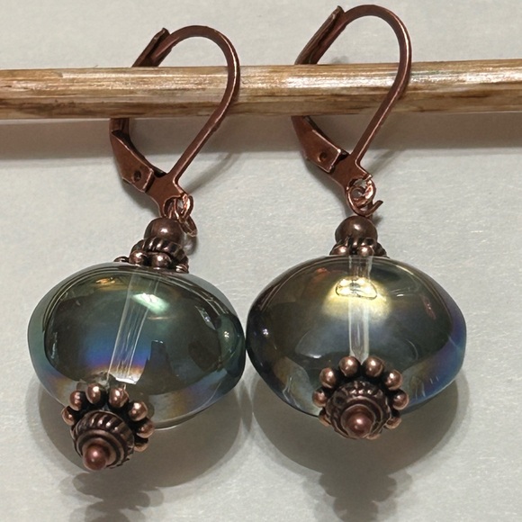 Antique Copper and Iridescent Czech Glass Earrings - Picture 3 of 12
